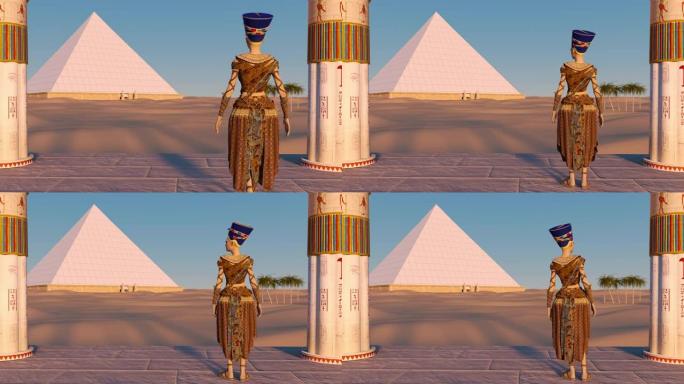 娜芙蒂蒂女王从古庙欣赏金字塔和沙漠景观。历史动画。埃及开罗吉萨谷的大金字塔
