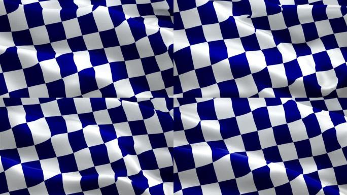 方格蓝白赛车旗视频。方程式赛车旗帜蓝白瓷砖图案背景。开始比赛方格旗循环特写1080p全高清镜头。方格