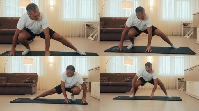 慢动作镜头。做侧弓步运动的老人。资深男性运动员身体健康热身，在家做腿部伸展运动。照顾好自己的背景现代