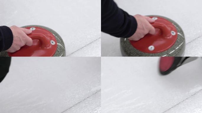 冰壶比赛。冰壶正在冰场上玩冰壶游戏。花岗岩石头在冰盖上滑动。