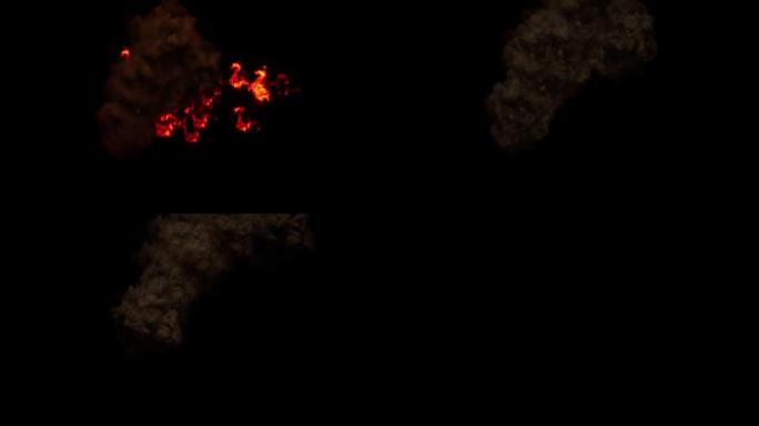 Inferno爆发红色火焰n屏幕中心，灰色和黑色烟雾上升到顶部，由Alpha通道隔离 (透明背景) 