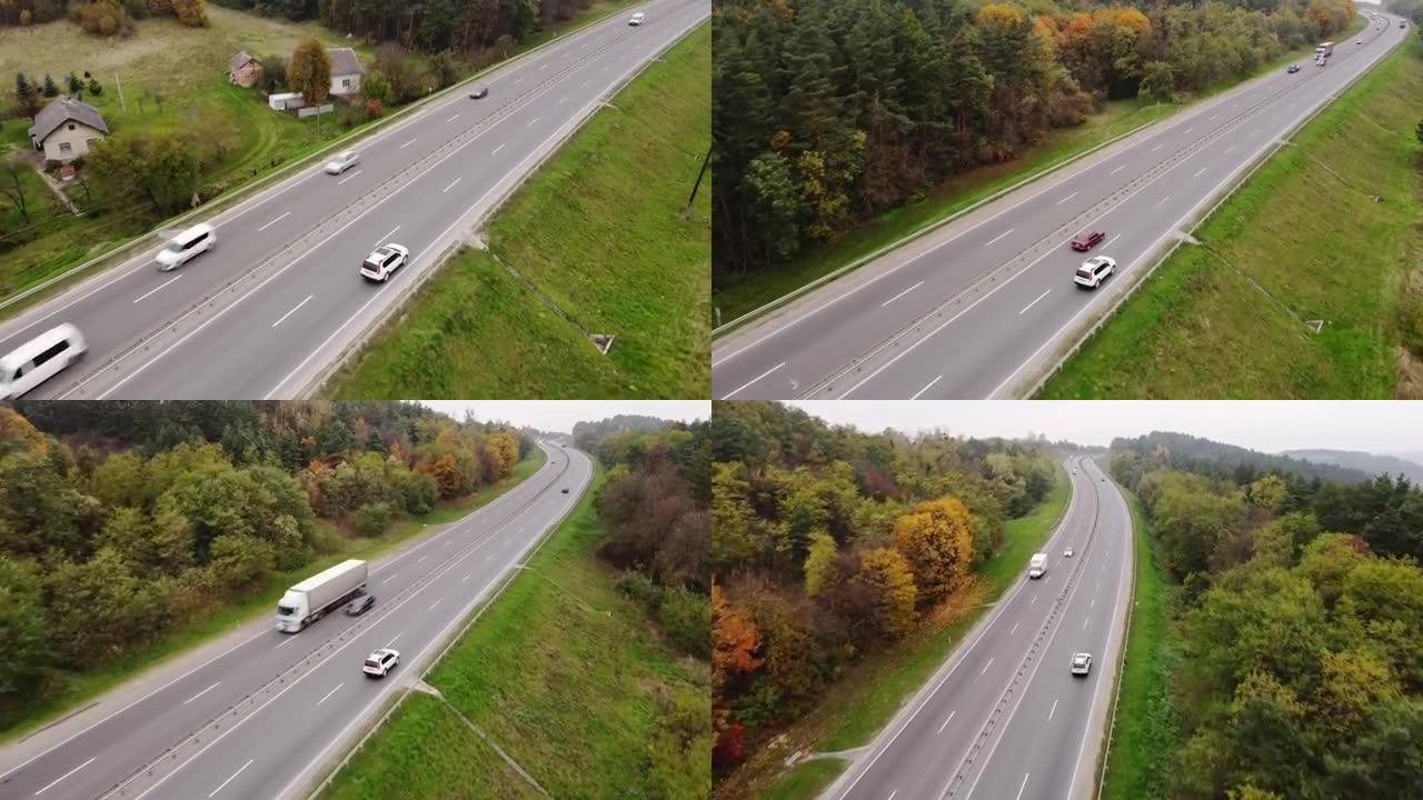 汽车通过高速公路鸟瞰图移动