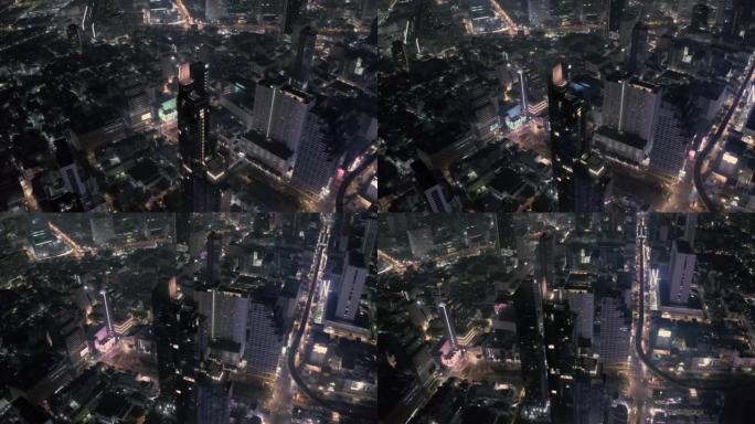 曼谷夜间鸟瞰图创新建筑高楼观景霓虹闪烁