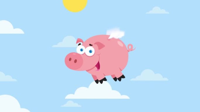 猪卡通人物在天空中飞翔