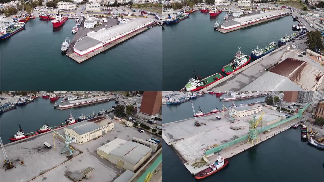 在海关附近的希腊，用不同大小的船只拍摄了Keratsini港口的航拍视频