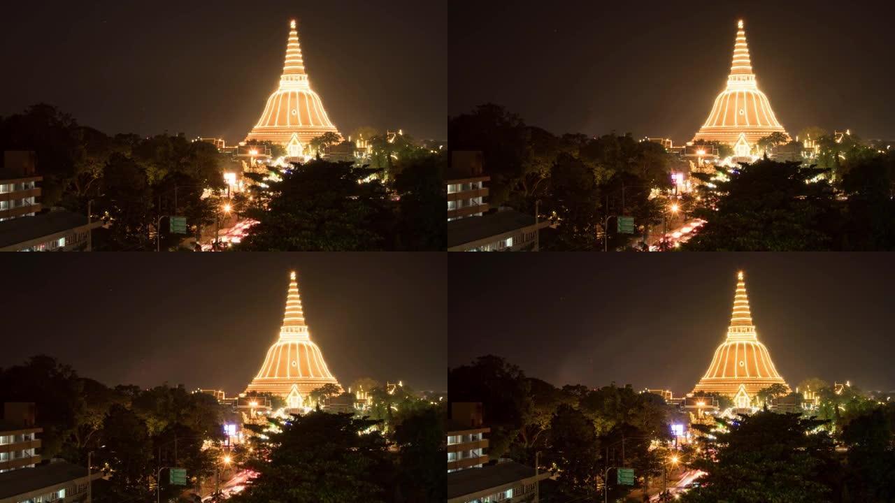 傍晚在Phra Pathom Chedi年度活动前的交通