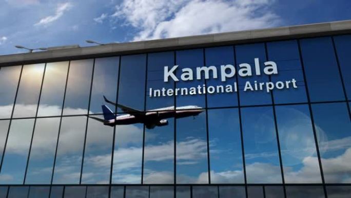 飞机降落在乌干达坎帕拉机场，在航站楼中镜像