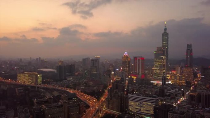 台湾日落天空台北市中心交通街空中全景4k