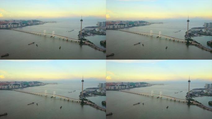 日落时间珠海市澳门著名塔桥全景4k中国