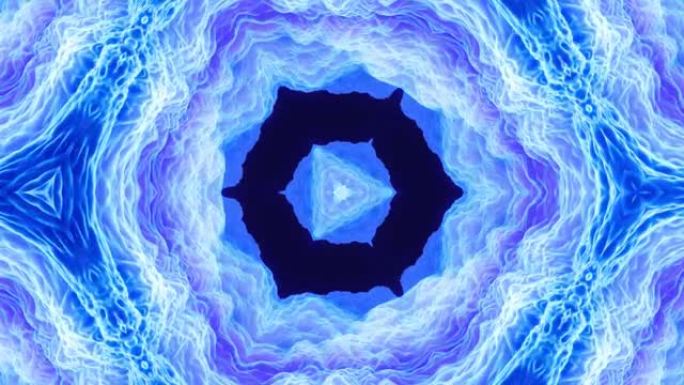 3d抽象的平滑循环动画，像花朵或曼陀罗一样柔软的哑光形状，蓝色紫色天鹅绒材料的对称结构穿插亮片，形状