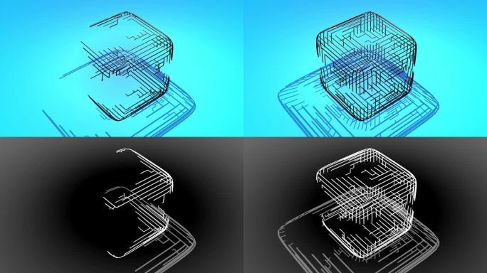 Ai不断增长的线条几何图案形成立方体。通过人工智能或神经网络构建解决方案。4k蓝色bg上的抽象黑色线