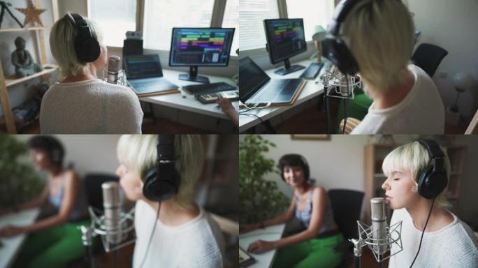 女歌手在home studio与制作人录制新歌