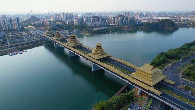 柳州凤凰岭风雨桥落日城市建筑柳江风光航拍