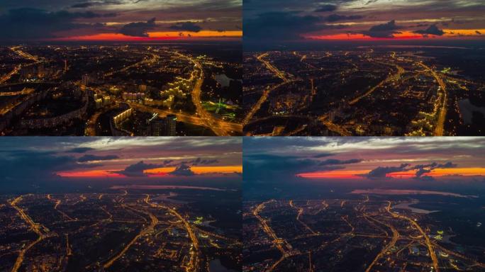 日落时间天空明斯克城市景观超高空中全景4k白俄罗斯