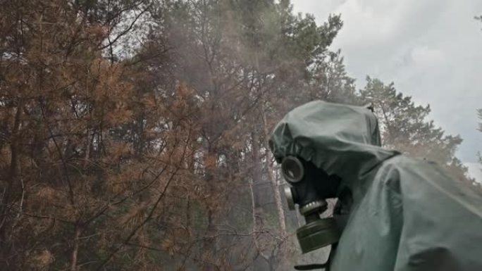 当烟雾或有毒蒸汽在他周围滚滚而来时，一名穿着二战Hasmat套装和防毒面具的男子正在测试松树树枝上的