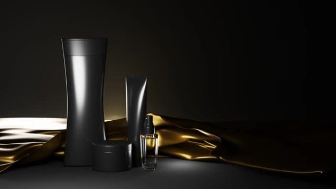 深色背景下的男士化妆品系列。高级系列黑色塑料瓶，金丝织物上的罐子，闪亮的玻璃喷雾，香水，胡须油，奶油