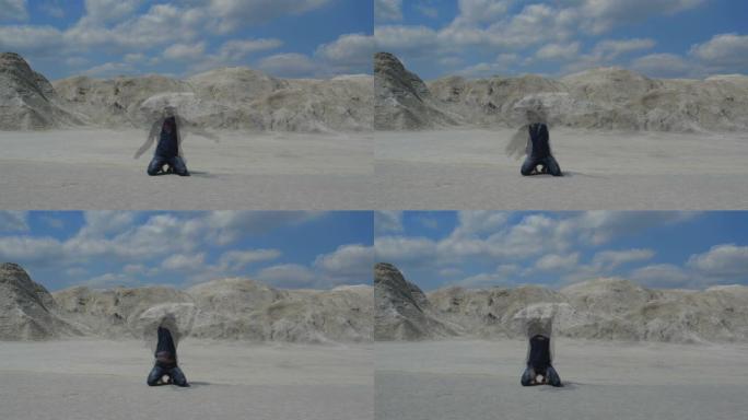 孤独疲惫的旅行者在沙漠中发疯。穿着脏衣服的长发男子在沙滩上跳舞疯狂的舞蹈跪着举手4k慢动作50 fp