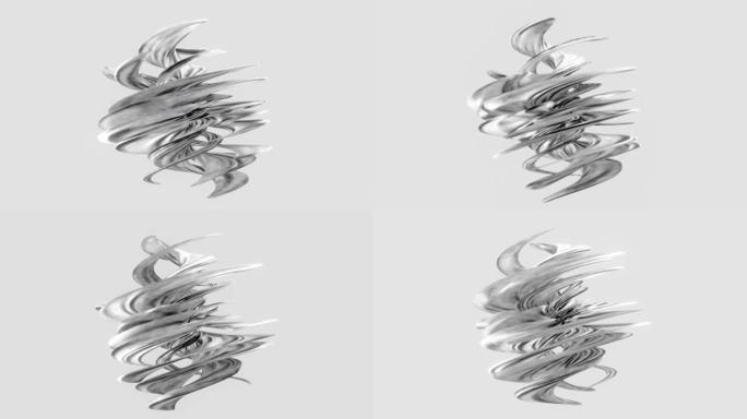 4K 3D渲染抽象艺术超现实的有机物体在漩涡曲线圆形波浪形图形旋转无缝环在白色背景上。单色抽象动画。