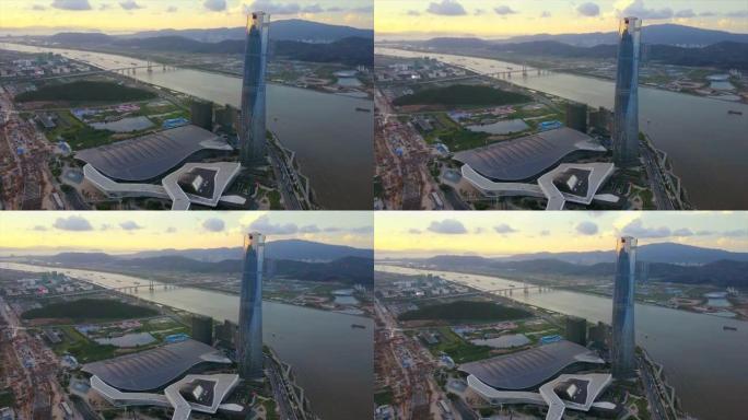 日落天空珠海国际会展中心空中海湾全景4k中国