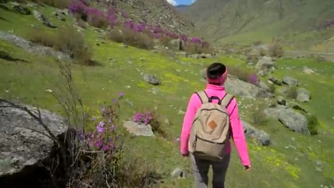 背包旅行女人走在高山花山上