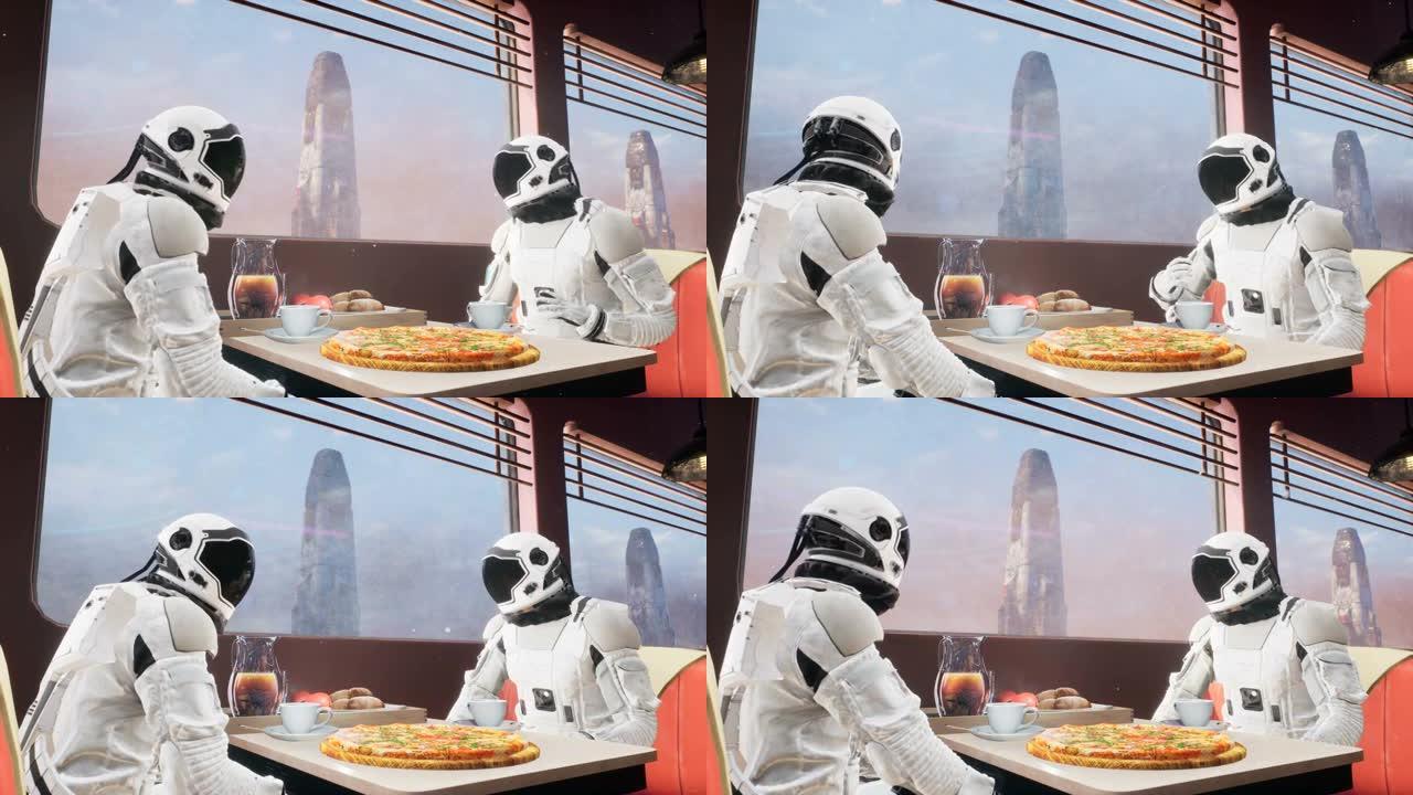 探索宇航员在外星球上的当地小餐馆放松并讨论他们的太空计划。无缝循环动画适用于梦幻般的、未来派或太空旅