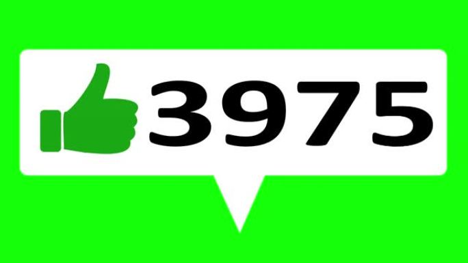 4K社交媒体计数器上的平面设计大拇指图标，在带有alpha哑光的绿色屏幕背景上显示随着时间的点击。