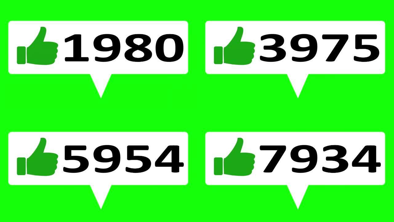4K社交媒体计数器上的平面设计大拇指图标，在带有alpha哑光的绿色屏幕背景上显示随着时间的点击。