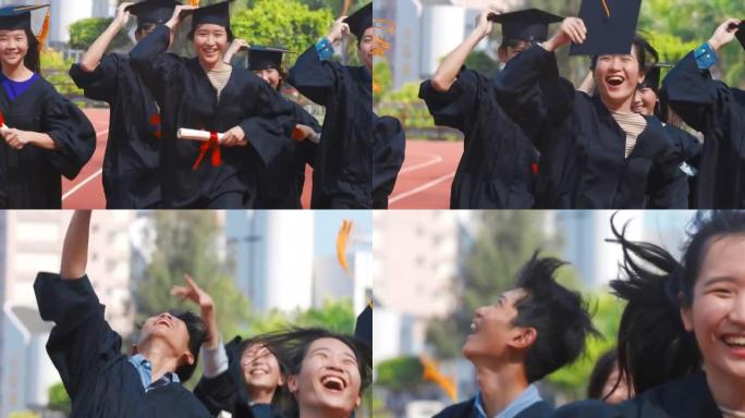 快乐的毕业学生在学校持有文凭并在体育场上跑步