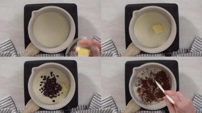 在电锅上的小锅中准备巧克力糖霜。