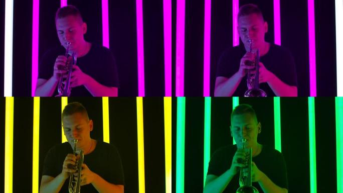 在明亮的彩色霓虹灯的背景下，一位高加索音乐家在工作室里吹小号的肖像。用他的小号即兴演奏。慢动作。特写