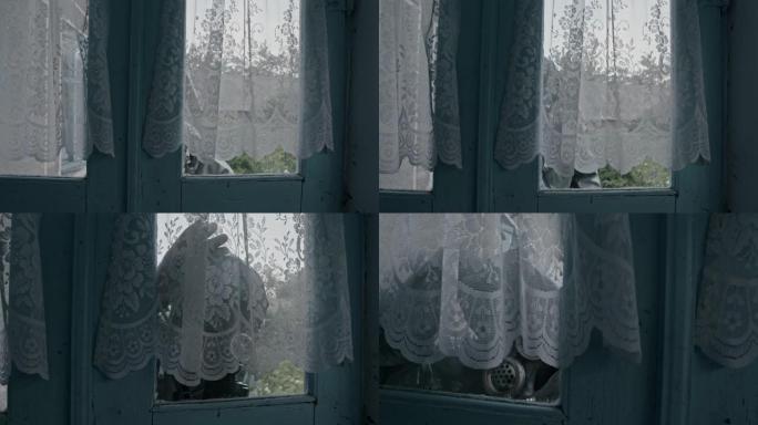 穿着第二次世界大战防护服和防毒面具的男子从外面靠近窗帘的窗户，试图窥视织物下方。原始视频记录