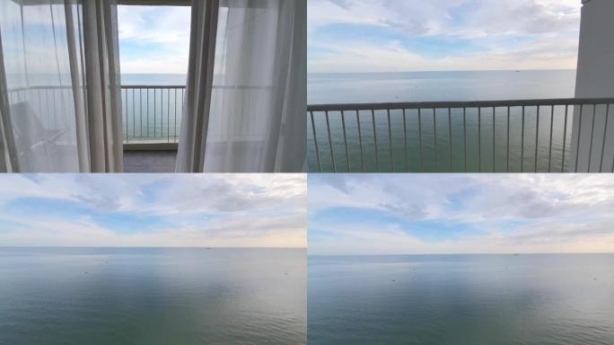 POV多莉或无人机从酒店房间内拍摄，打开窗帘看蓝色海景，旅游旅行