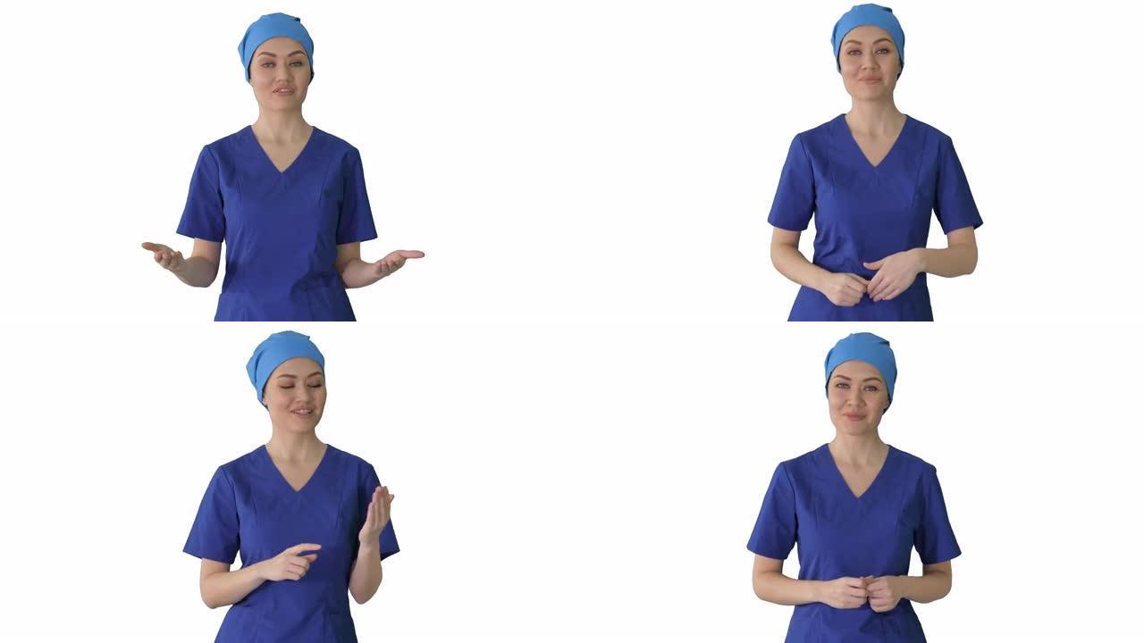 微笑的女性穿着蓝色医疗制服广告诊所服务，走在白色背景上