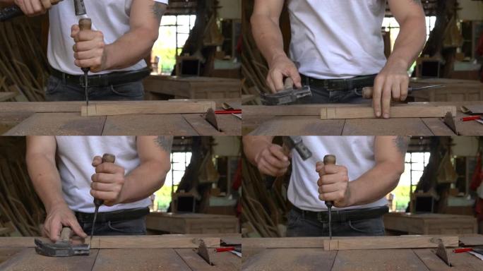arpenter在工作车间做木制家具，自己做生意，手工制作，小工厂概念