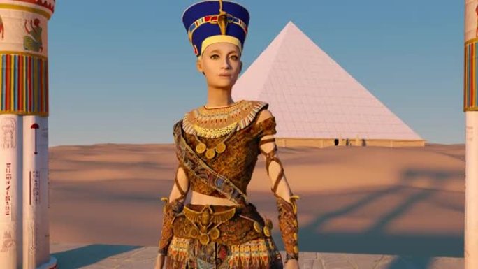 纳芙蒂蒂女王在吉萨大金字塔前，在古庙中可以看到沙漠。历史动画。埃及开罗吉萨谷的大金字塔