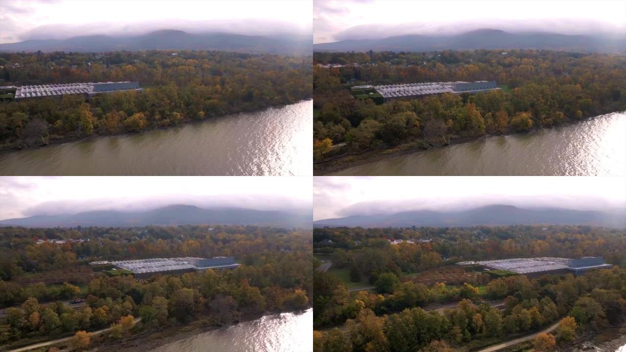 彩色树叶，山脉和河流的空中无人机镜头
