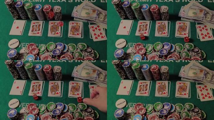 游戏中的扑克桌。赌场桌上的筹码、卡片和骰子。
