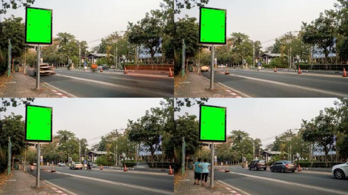 延时城市街道广告牌支架，色度键绿色屏幕。