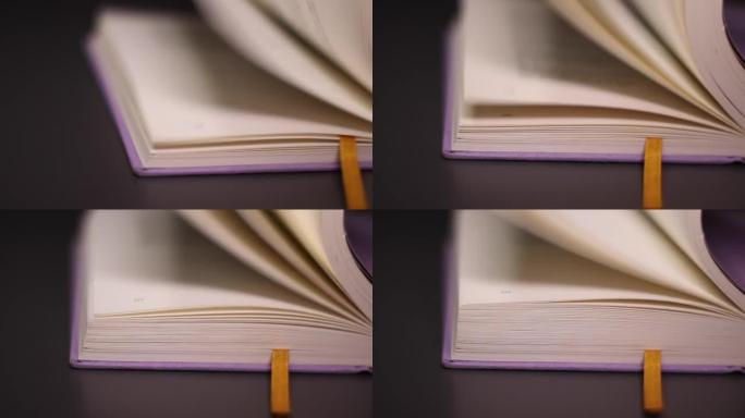 关闭紫罗兰书的宏观镜头。翻页书的特写。纸张上无法识别的文本的详细视图。热爱阅读理念