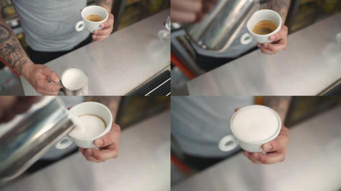 无法识别的男性咖啡师制作卡布奇诺咖啡