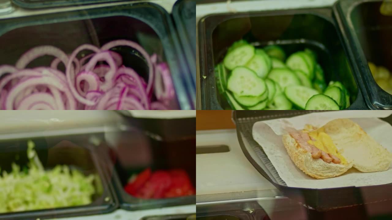 快餐店不同的切成薄片的蔬菜，用于三明治的制备