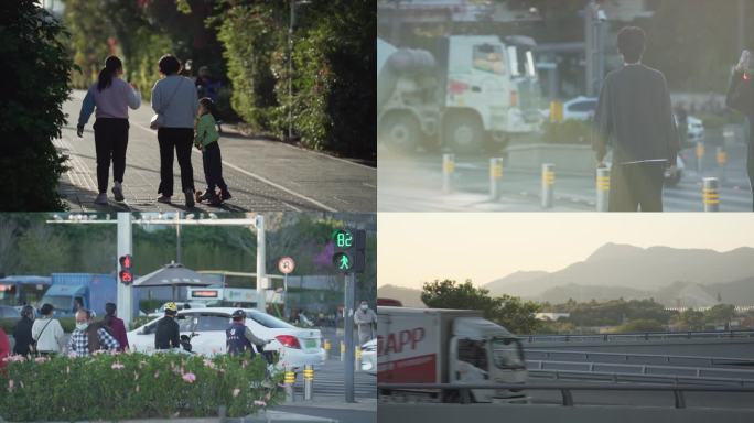 清晨阳光 城市视频素材 马路行人车水马龙