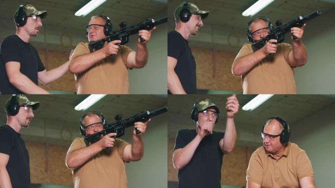 一个男人在射击场学习如何射击步枪。教练向学员展示正确的射击姿势