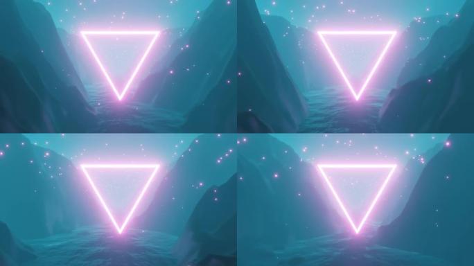 雾蒙蒙的滨江和山地景观的4k视频动画，带有神奇的粉红色环境和漂浮在河上的霓虹灯效果三角形。