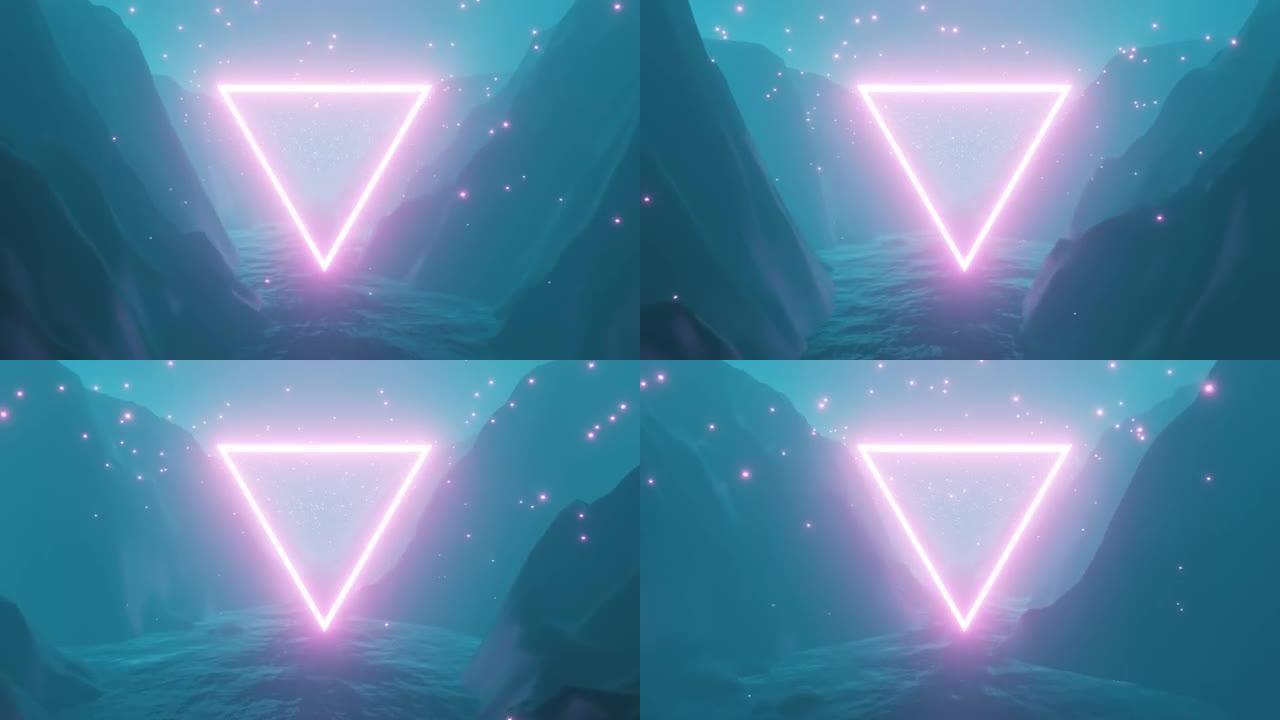 雾蒙蒙的滨江和山地景观的4k视频动画，带有神奇的粉红色环境和漂浮在河上的霓虹灯效果三角形。