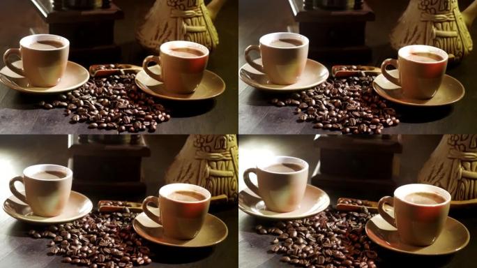 一杯煮沸的咖啡放在木桌上，配有咖啡研磨机和咖啡豆。