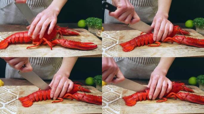 一位厨师用刀刺伤煮熟的红龙虾，并在4k内切成两半。