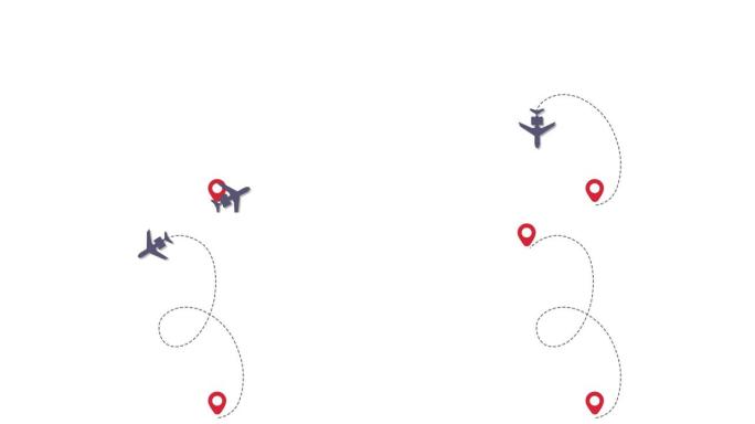 飞机线路路径动画。飞机飞行和带点路线的运动。旅行，行程虚线轨迹，平面路线。