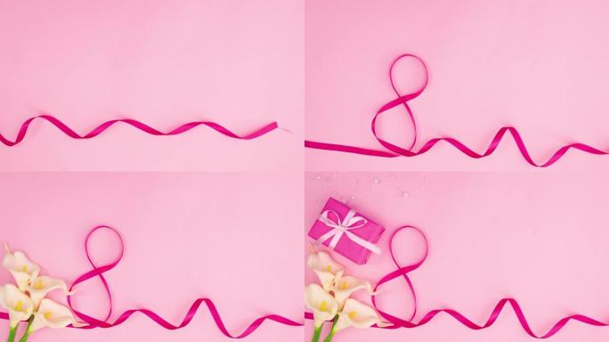 粉红丝带，鲜花和礼物以粉红色主题出现。停止运动