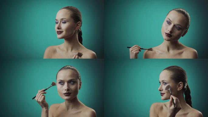 化妆申请的步骤。蓝眼睛的女孩使用风扇制造的化妆刷在她的脸和身体上涂上荧光笔。
